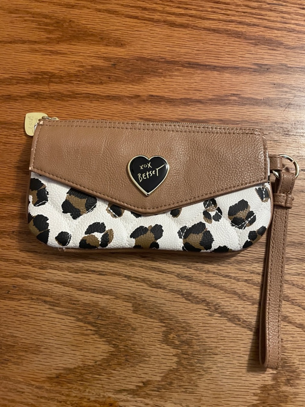 Betsey Johnson Tan & White Leopard Print Wristlet with Heart Logo